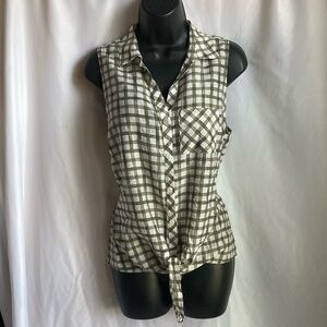 J. Jill Moss Gingham Tie Front Button Down Tank Top Shirt Size Medium